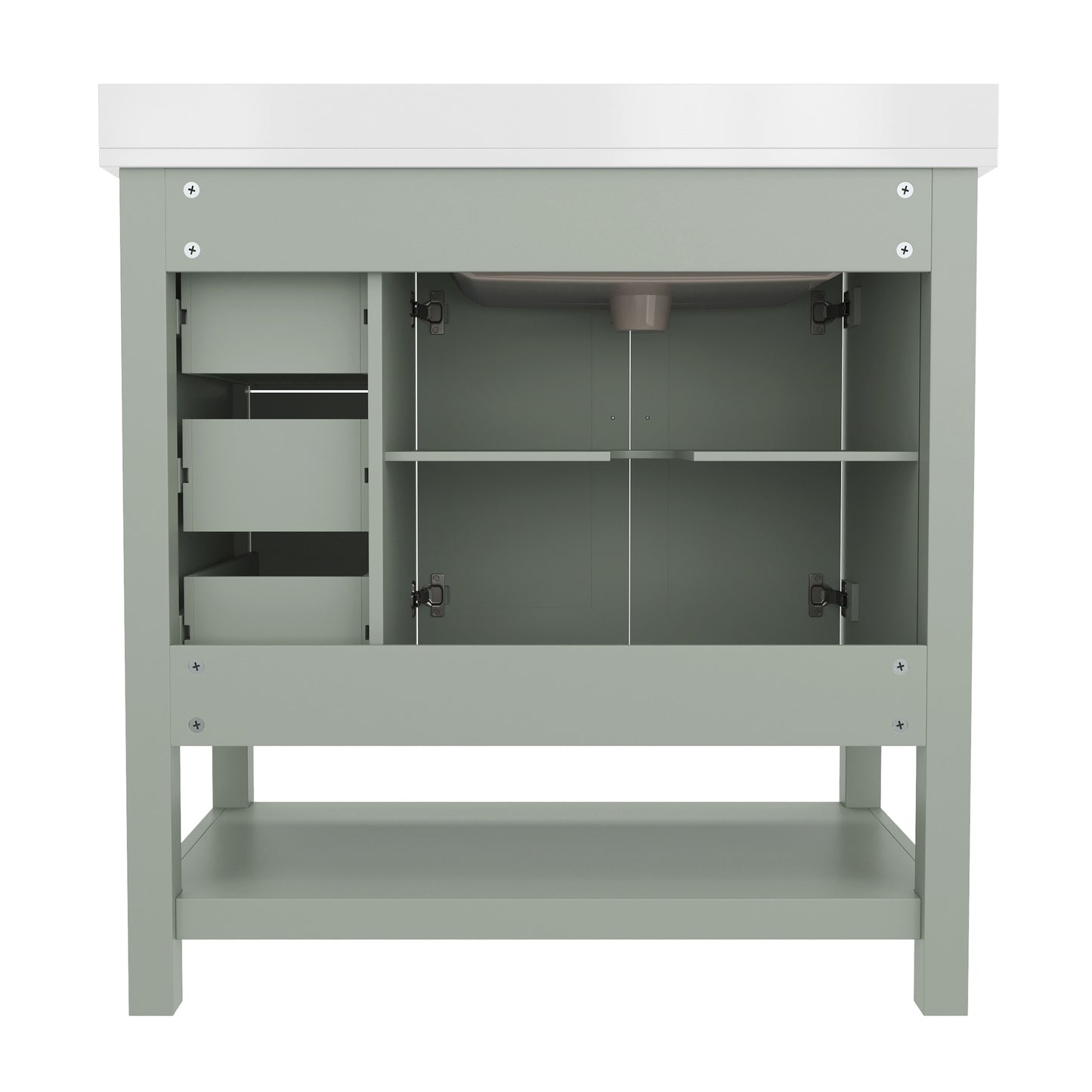 Vega 36 Inch Bathroom Vanity with Sink, Storage Cabinet with Soft Close Doors, Open Shelf and 3 Drawers, Carrara Marble Finish Countertop, Sage