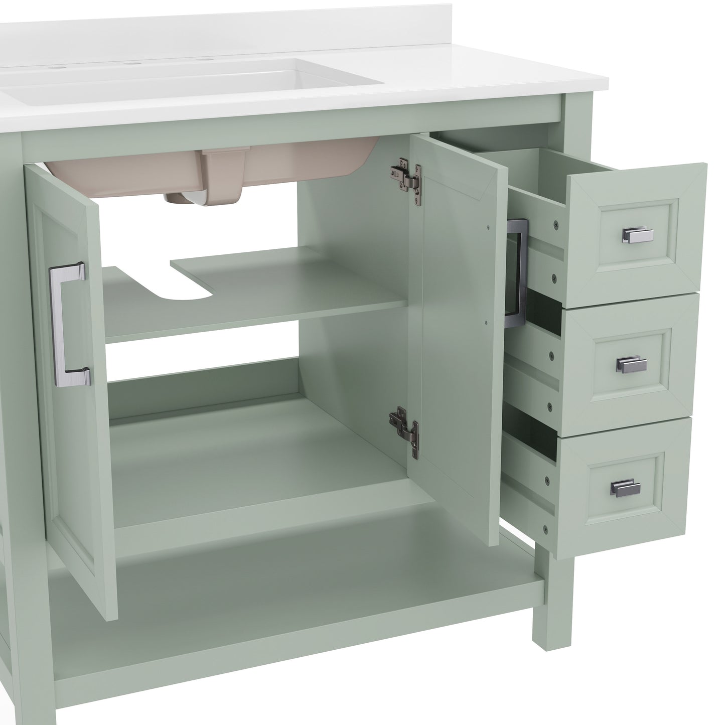 Vega 36 Inch Bathroom Vanity with Sink, Storage Cabinet with Soft Close Doors, Open Shelf and 3 Drawers, Carrara Marble Finish Countertop, Sage