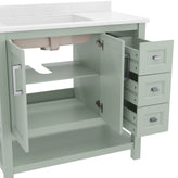 Vega 36 Inch Bathroom Vanity with Sink, Storage Cabinet with Soft Close Doors, Open Shelf and 3 Drawers, Carrara Marble Finish Countertop, Sage