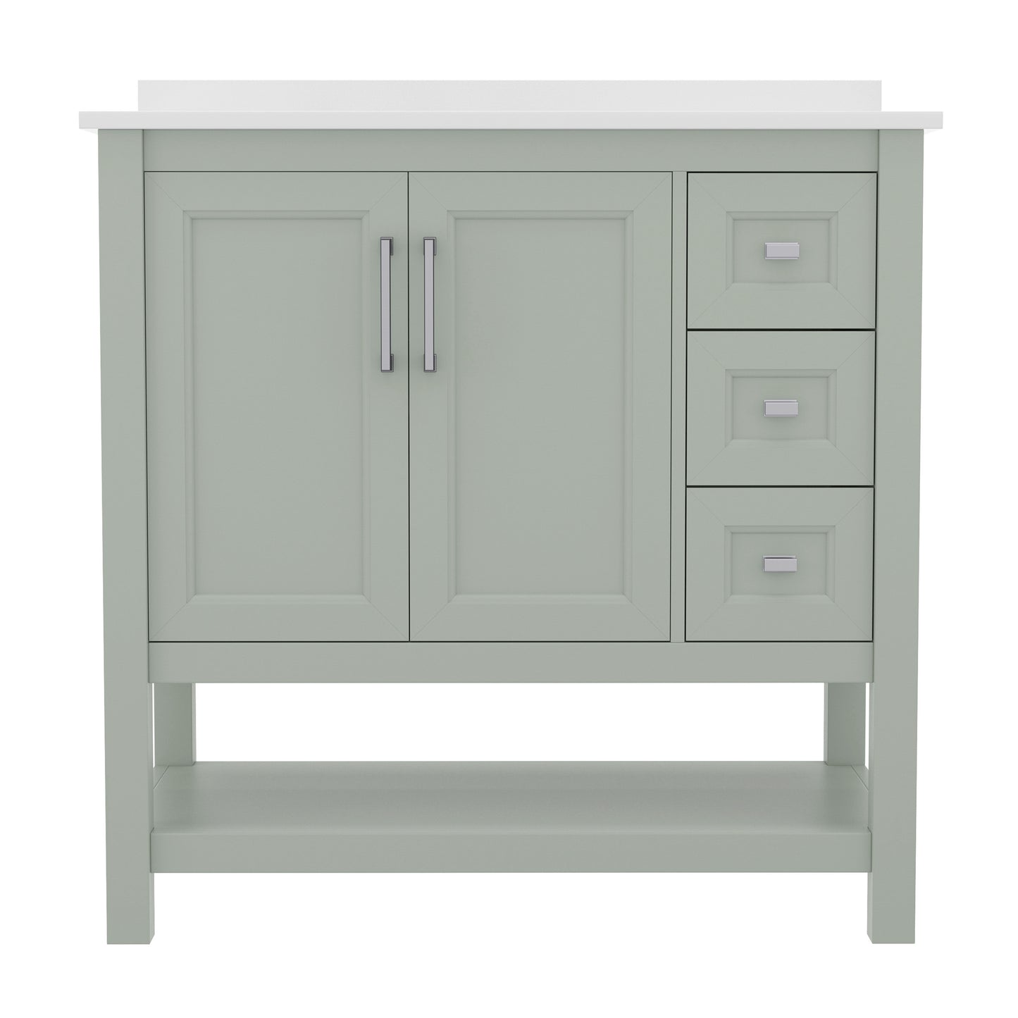 Vega 36 Inch Bathroom Vanity with Sink, Storage Cabinet with Soft Close Doors, Open Shelf and 3 Drawers, Carrara Marble Finish Countertop, Sage