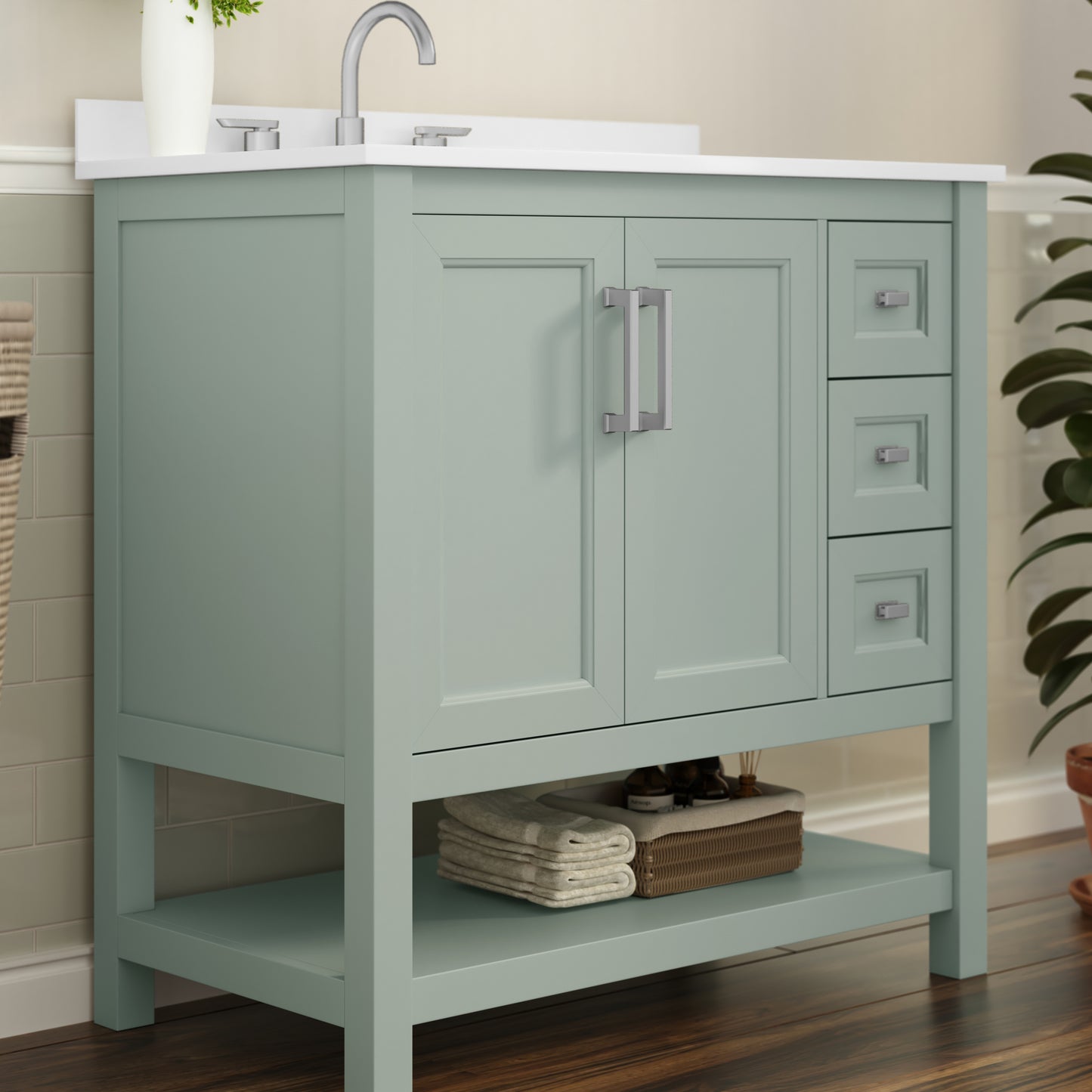 Vega 36 Inch Bathroom Vanity with Sink, Storage Cabinet with Soft Close Doors, Open Shelf and 3 Drawers, Carrara Marble Finish Countertop, Sage
