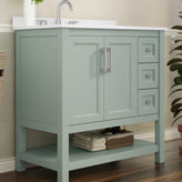 Vega 36 Inch Bathroom Vanity with Sink, Storage Cabinet with Soft Close Doors, Open Shelf and 3 Drawers, Carrara Marble Finish Countertop, Sage