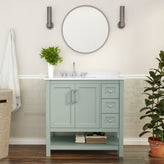 Vega 36 Inch Bathroom Vanity with Sink, Storage Cabinet with Soft Close Doors, Open Shelf and 3 Drawers, Carrara Marble Finish Countertop, Sage