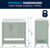 Vega 36" Bathroom Vanity with Sink, Cabinet with Gold Hardware, Soft Close Doors, Open Shelf & 3 Drawers, Carrara Marble Finish Counter, Sage/White