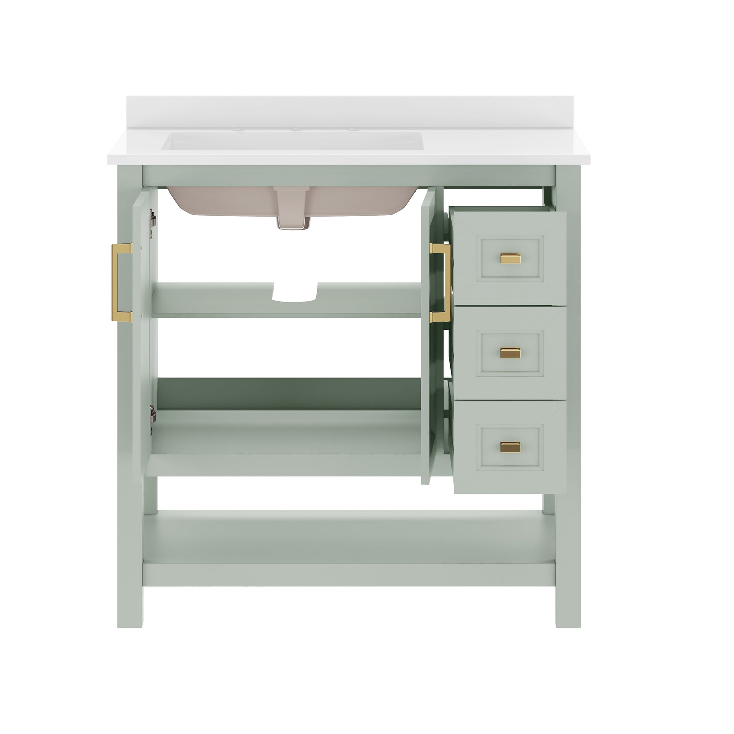 Vega 36" Bathroom Vanity with Sink, Cabinet with Gold Hardware, Soft Close Doors, Open Shelf & 3 Drawers, Carrara Marble Finish Counter, Sage/White