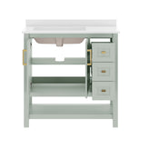 Vega 36" Bathroom Vanity with Sink, Cabinet with Gold Hardware, Soft Close Doors, Open Shelf & 3 Drawers, Carrara Marble Finish Counter, Sage/White