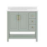 Vega 36" Bathroom Vanity with Sink, Cabinet with Gold Hardware, Soft Close Doors, Open Shelf & 3 Drawers, Carrara Marble Finish Counter, Sage/White