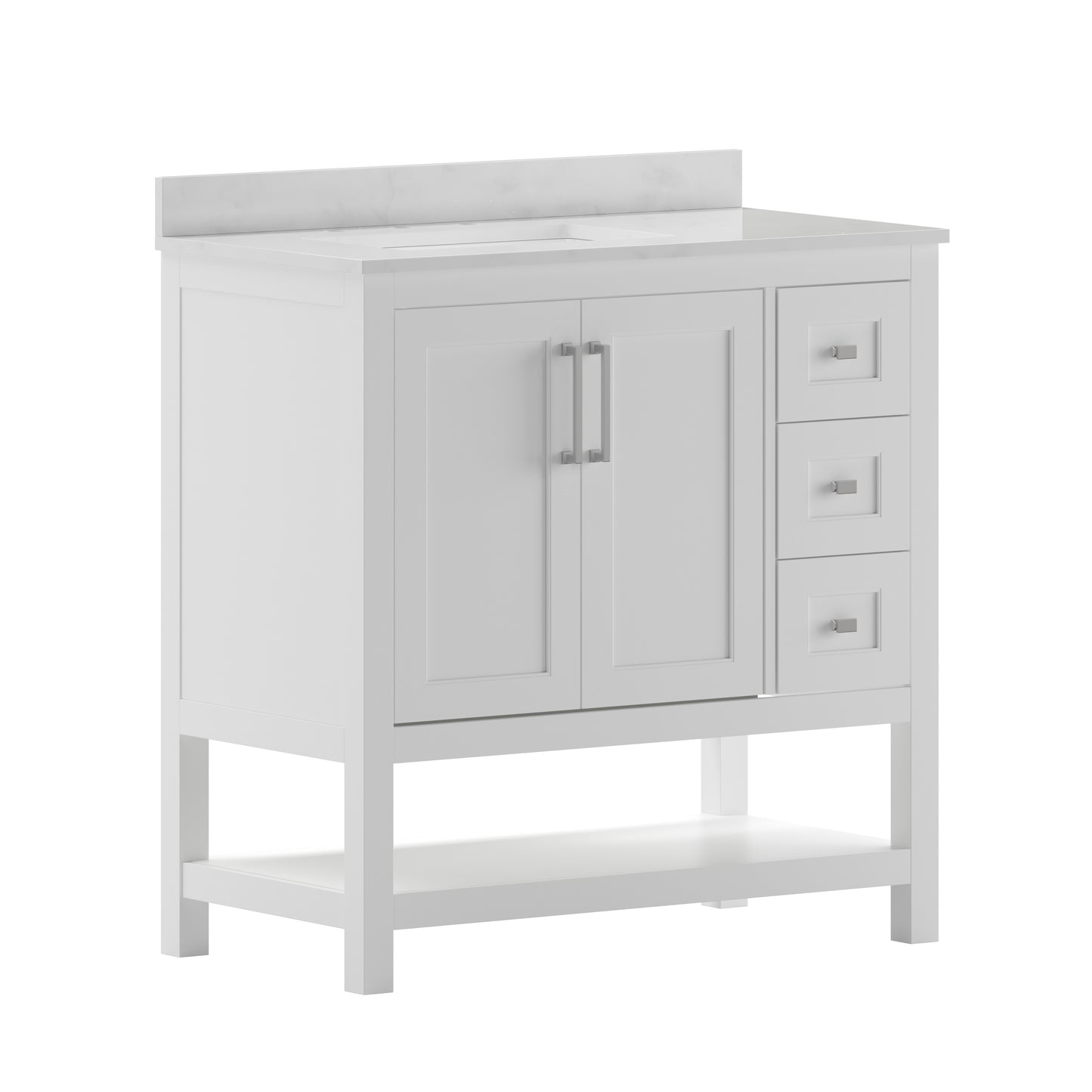 Vega 36 Inch Bathroom Vanity with Sink, Storage Cabinet with Soft Close Doors, Open Shelf and 3 Drawers, Carrara Marble Finish Countertop, White/White