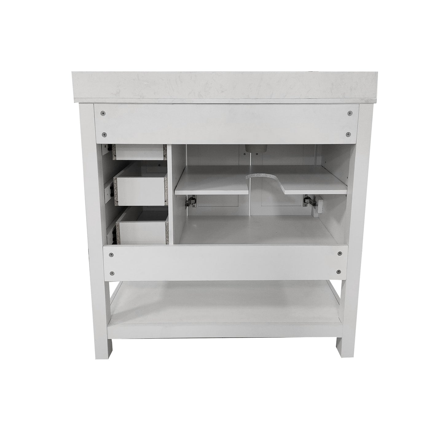 Vega 36 Inch Bathroom Vanity with Sink, Storage Cabinet with Soft Close Doors, Open Shelf and 3 Drawers, Carrara Marble Finish Countertop, White/White