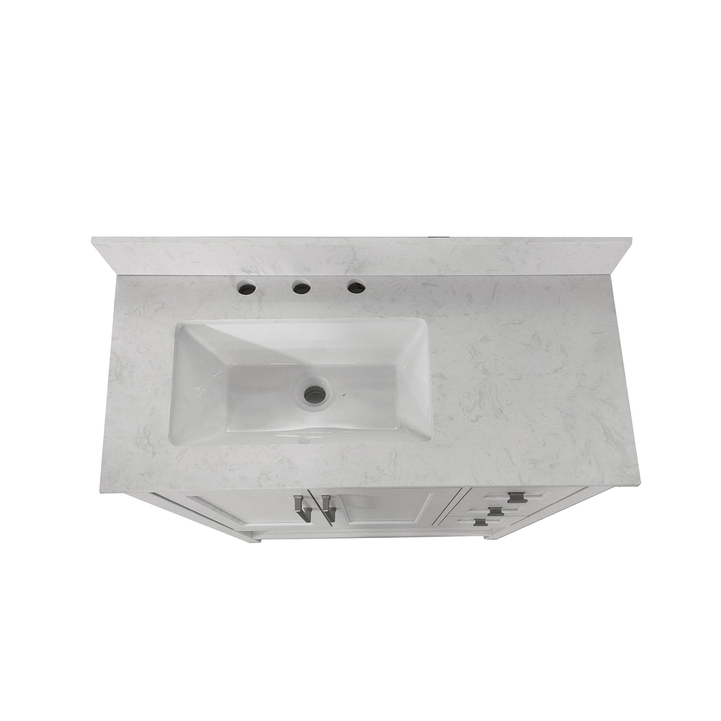 Vega 36 Inch Bathroom Vanity with Sink, Storage Cabinet with Soft Close Doors, Open Shelf and 3 Drawers, Carrara Marble Finish Countertop, White/White