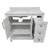Vega 36 Inch Bathroom Vanity with Sink, Storage Cabinet with Soft Close Doors, Open Shelf and 3 Drawers, Carrara Marble Finish Countertop, White/White