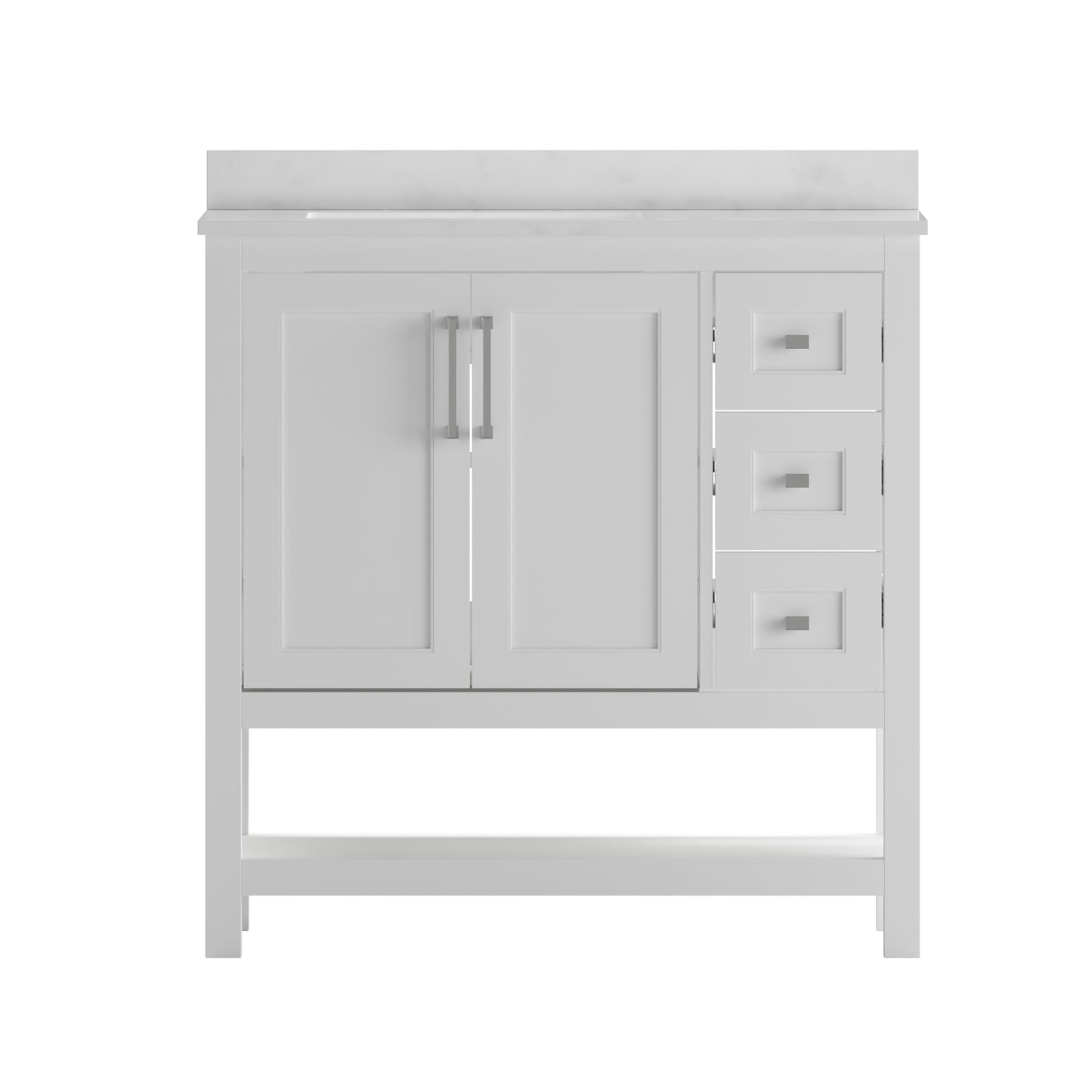 Vega 36 Inch Bathroom Vanity with Sink, Storage Cabinet with Soft Close Doors, Open Shelf and 3 Drawers, Carrara Marble Finish Countertop, White/White