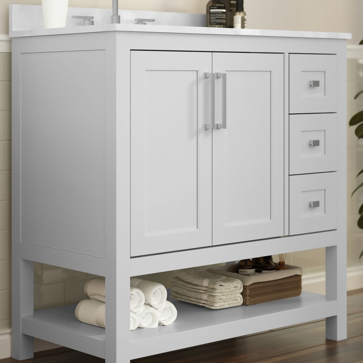 Vega 36 Inch Bathroom Vanity with Sink, Storage Cabinet with Soft Close Doors, Open Shelf and 3 Drawers, Carrara Marble Finish Countertop, White/White