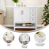 Vega 36 Inch Bathroom Vanity with Sink, Storage Cabinet with Soft Close Doors, Open Shelf and 3 Drawers, Carrara Marble Finish Countertop, White/Gold