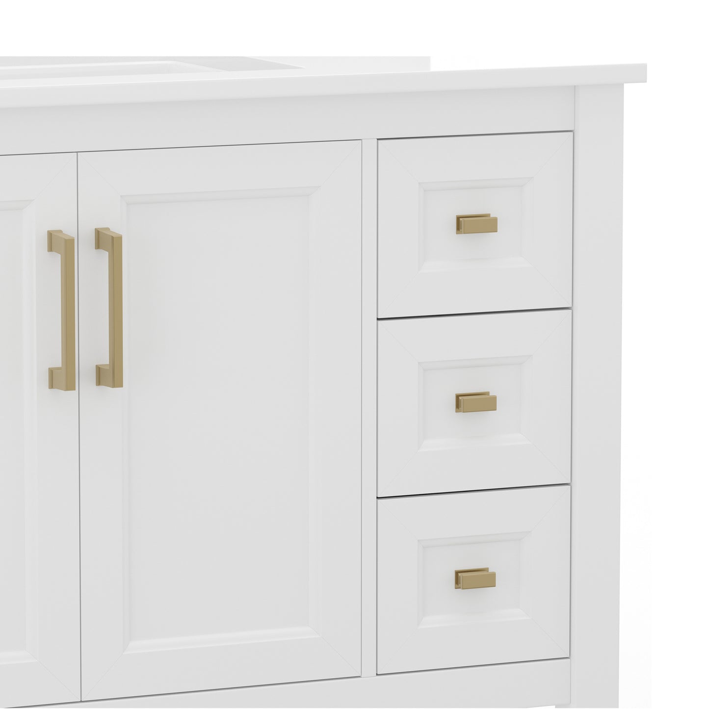 Vega 36 Inch Bathroom Vanity with Sink, Storage Cabinet with Soft Close Doors, Open Shelf and 3 Drawers, Carrara Marble Finish Countertop, White/Gold