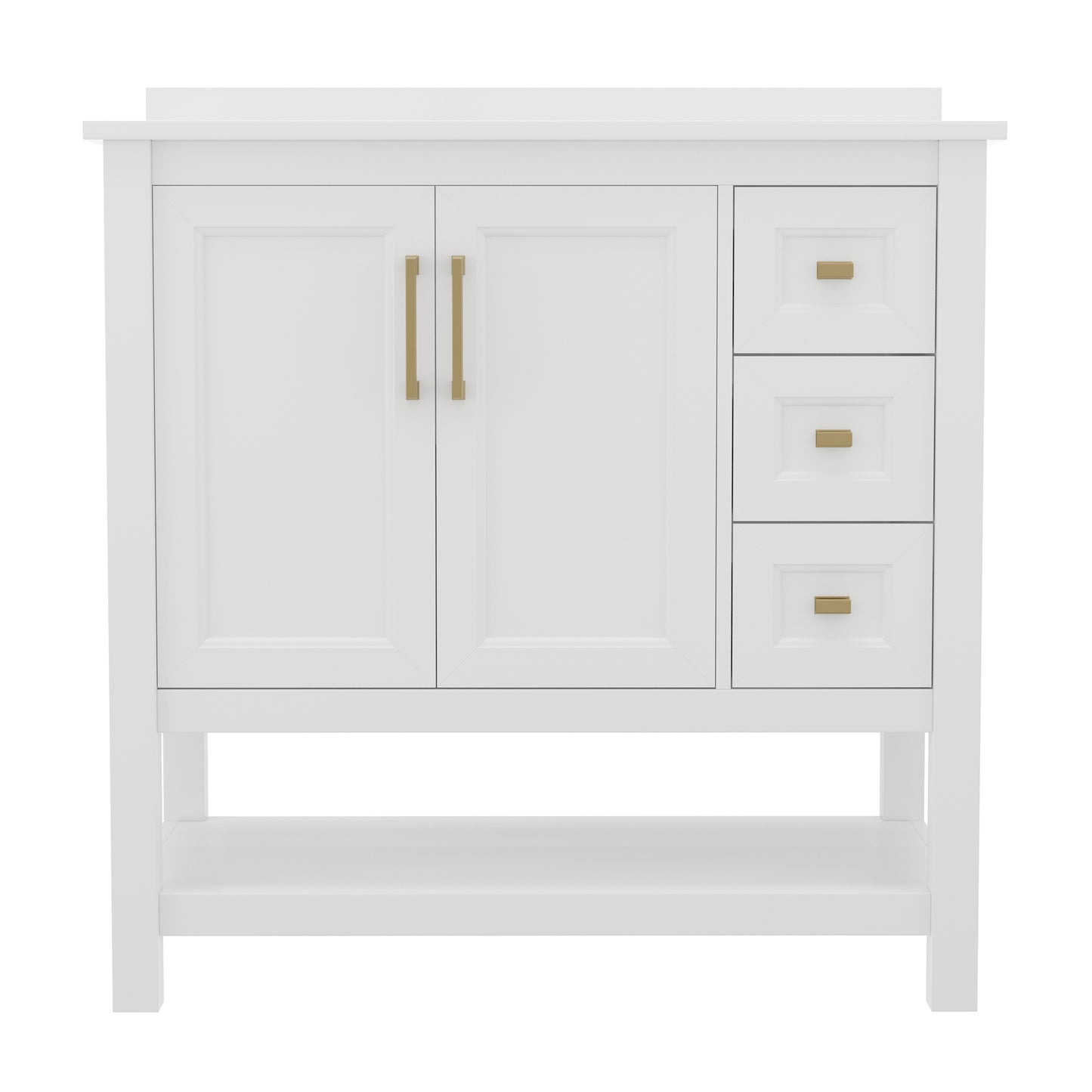 Vega 36 Inch Bathroom Vanity with Sink, Storage Cabinet with Soft Close Doors, Open Shelf and 3 Drawers, Carrara Marble Finish Countertop, White/Gold