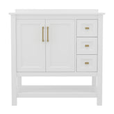 Vega 36 Inch Bathroom Vanity with Sink, Storage Cabinet with Soft Close Doors, Open Shelf and 3 Drawers, Carrara Marble Finish Countertop, White/Gold