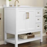 Vega 36 Inch Bathroom Vanity with Sink, Storage Cabinet with Soft Close Doors, Open Shelf and 3 Drawers, Carrara Marble Finish Countertop, White/Gold