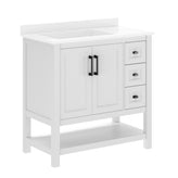 Vega 36" Bathroom Vanity with Sink, Cabinet with Black Hardware, Soft Close Doors, Open Shelf & 3 Drawers, Carrara Marble Finish Counter, White/White