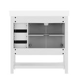 Vega 36" Bathroom Vanity with Sink, Cabinet with Black Hardware, Soft Close Doors, Open Shelf & 3 Drawers, Carrara Marble Finish Counter, White/White