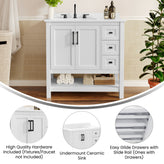 Vega 36" Bathroom Vanity with Sink, Cabinet with Black Hardware, Soft Close Doors, Open Shelf & 3 Drawers, Carrara Marble Finish Counter, White/White