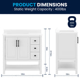 Vega 36" Bathroom Vanity with Sink, Cabinet with Black Hardware, Soft Close Doors, Open Shelf & 3 Drawers, Carrara Marble Finish Counter, White/White