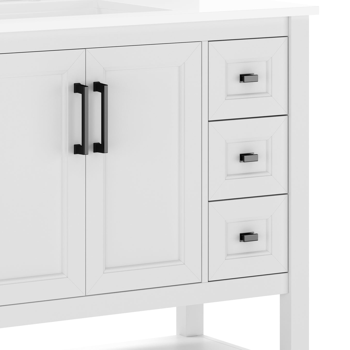 Vega 36" Bathroom Vanity with Sink, Cabinet with Black Hardware, Soft Close Doors, Open Shelf & 3 Drawers, Carrara Marble Finish Counter, White/White