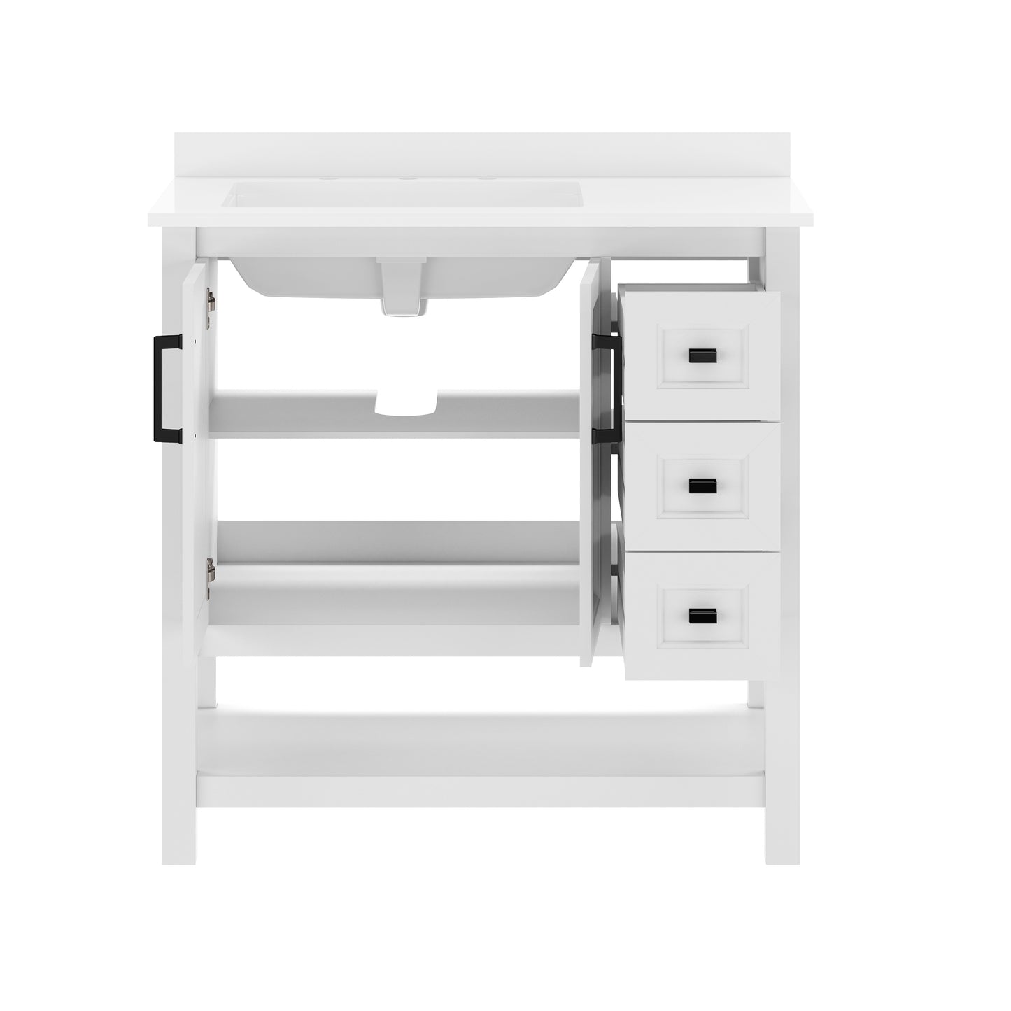 Vega 36" Bathroom Vanity with Sink, Cabinet with Black Hardware, Soft Close Doors, Open Shelf & 3 Drawers, Carrara Marble Finish Counter, White/White
