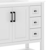 Vega 36" Bathroom Vanity with Sink, Cabinet with Black Hardware, Soft Close Doors, Open Shelf & 3 Drawers, Carrara Marble Finish Counter, White/White