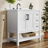 Vega 36" Bathroom Vanity with Sink, Cabinet with Black Hardware, Soft Close Doors, Open Shelf & 3 Drawers, Carrara Marble Finish Counter, White/White