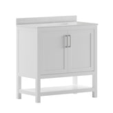 Vega 36 Inch Bathroom Vanity with Sink Combo, Storage Cabinet with Soft Close Doors and Open Shelf, Carrara Marble Finish Countertop, White/White