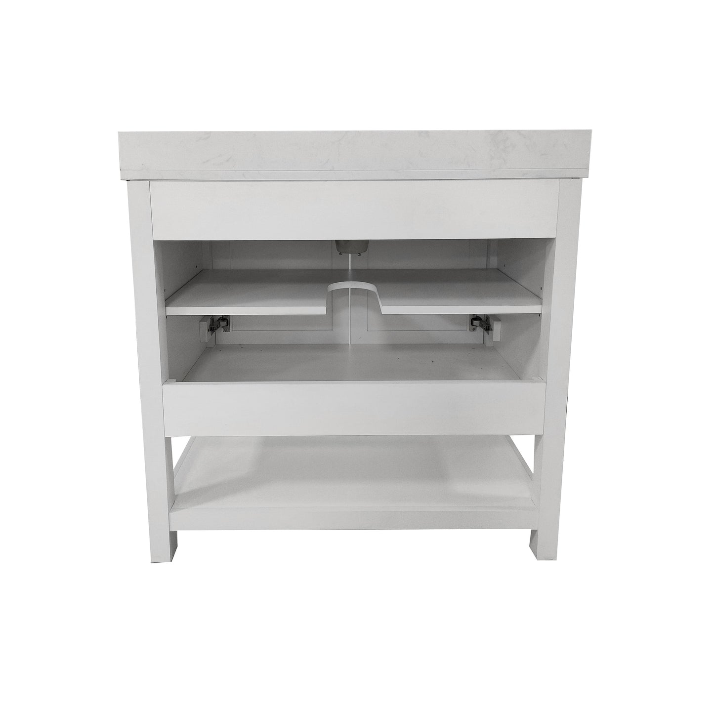Vega 36 Inch Bathroom Vanity with Sink Combo, Storage Cabinet with Soft Close Doors and Open Shelf, Carrara Marble Finish Countertop, White/White