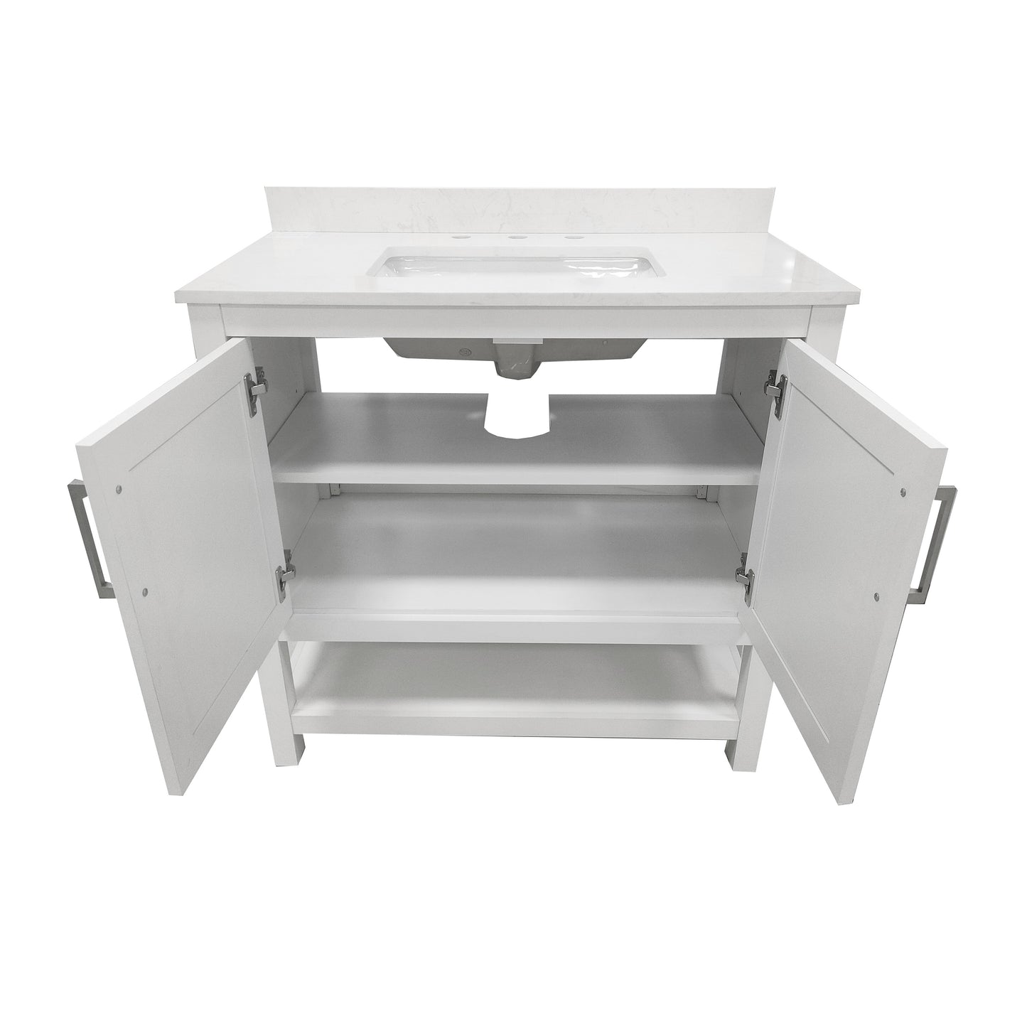 Vega 36 Inch Bathroom Vanity with Sink Combo, Storage Cabinet with Soft Close Doors and Open Shelf, Carrara Marble Finish Countertop, White/White