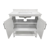 Vega 36 Inch Bathroom Vanity with Sink Combo, Storage Cabinet with Soft Close Doors and Open Shelf, Carrara Marble Finish Countertop, White/White