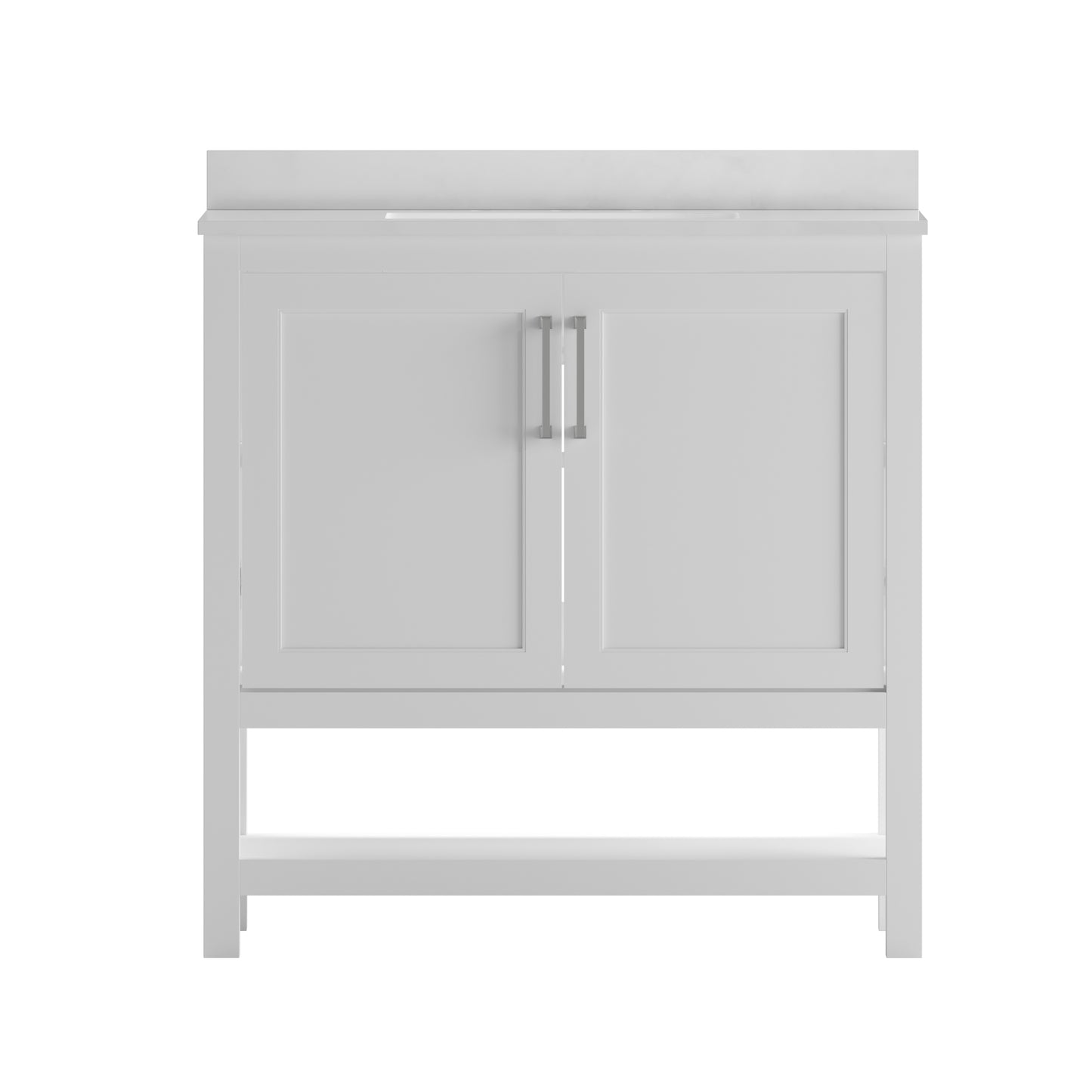 Vega 36 Inch Bathroom Vanity with Sink Combo, Storage Cabinet with Soft Close Doors and Open Shelf, Carrara Marble Finish Countertop, White/White