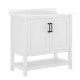 Vega 36" Bathroom Vanity with Sink, Storage Cabinet with Black Hardware, Soft Close Doors & Open Shelf, Carrara Marble Finish Countertop, White/White