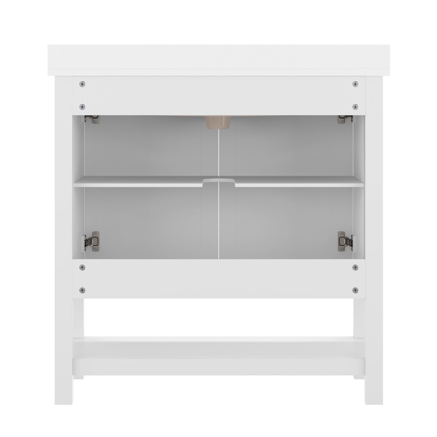 Vega 36" Bathroom Vanity with Sink, Storage Cabinet with Black Hardware, Soft Close Doors & Open Shelf, Carrara Marble Finish Countertop, White/White