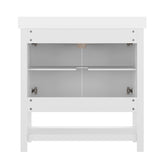 Vega 36" Bathroom Vanity with Sink, Storage Cabinet with Black Hardware, Soft Close Doors & Open Shelf, Carrara Marble Finish Countertop, White/White