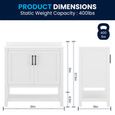 Vega 36" Bathroom Vanity with Sink, Storage Cabinet with Black Hardware, Soft Close Doors & Open Shelf, Carrara Marble Finish Countertop, White/White
