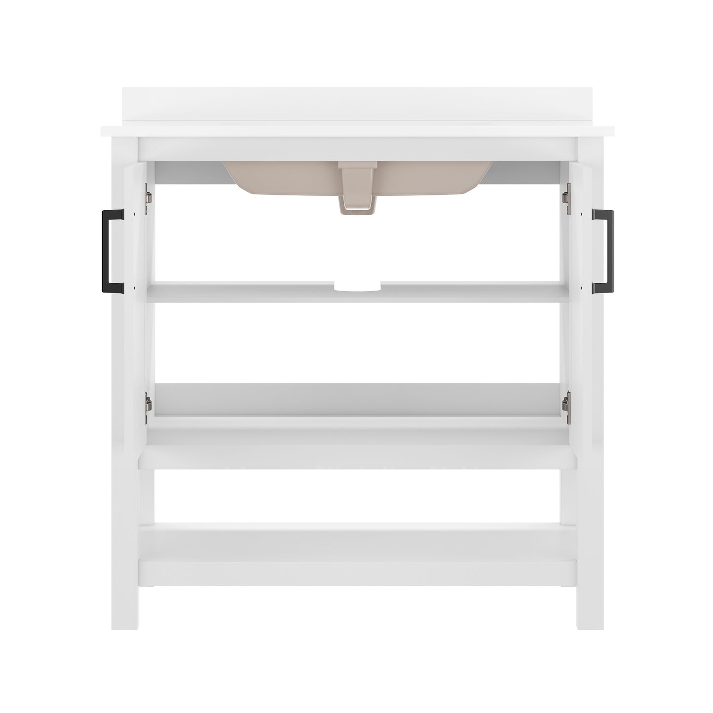 Vega 36" Bathroom Vanity with Sink, Storage Cabinet with Black Hardware, Soft Close Doors & Open Shelf, Carrara Marble Finish Countertop, White/White