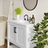 Vega 36" Bathroom Vanity with Sink, Storage Cabinet with Black Hardware, Soft Close Doors & Open Shelf, Carrara Marble Finish Countertop, White/White