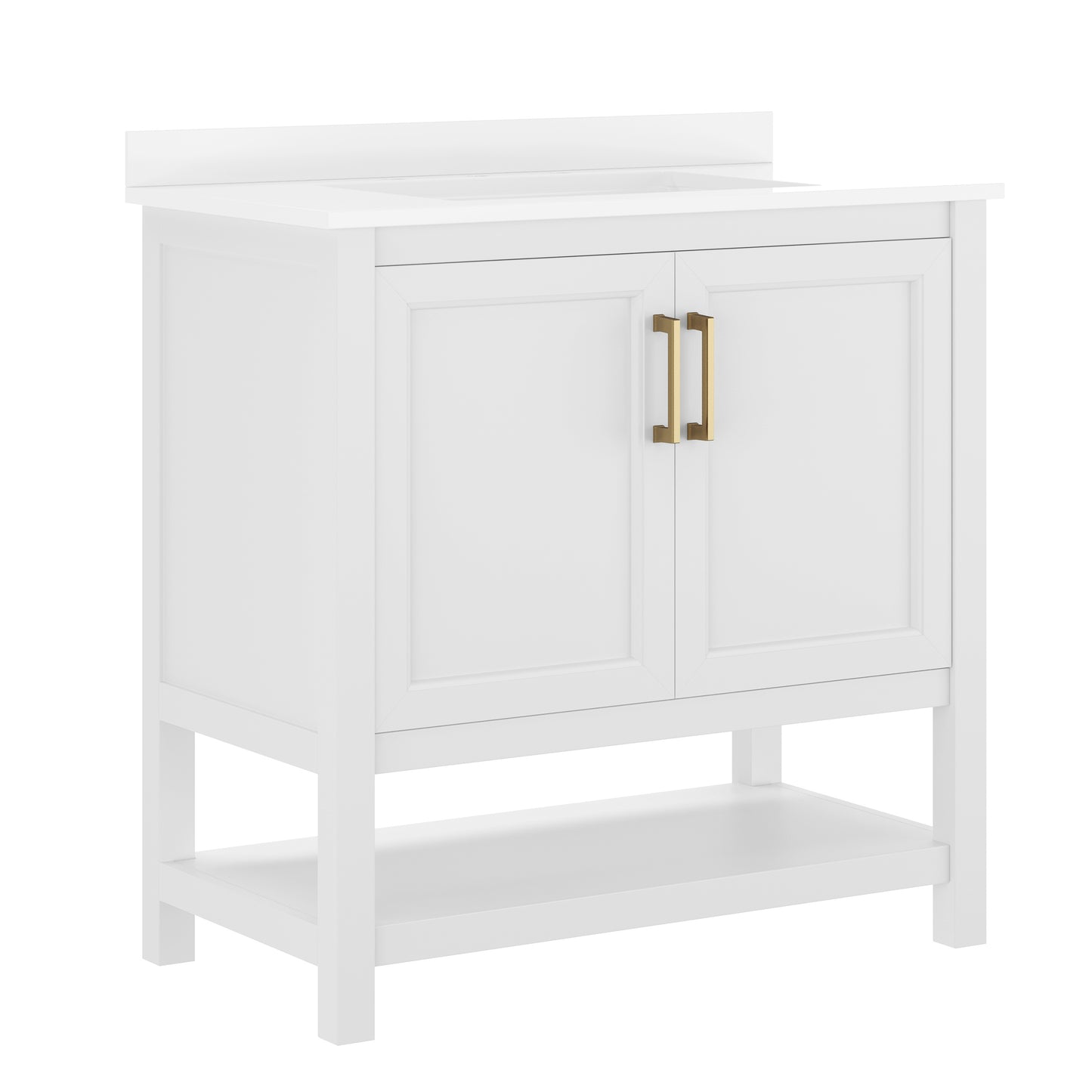Vega 36" Bathroom Vanity with Sink, Storage Cabinet with Gold Hardware, Soft Close Doors & Open Shelf, Carrara Marble Finish Countertop, White/White