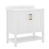 Vega 36" Bathroom Vanity with Sink, Storage Cabinet with Gold Hardware, Soft Close Doors & Open Shelf, Carrara Marble Finish Countertop, White/White