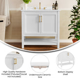 Vega 36" Bathroom Vanity with Sink, Storage Cabinet with Gold Hardware, Soft Close Doors & Open Shelf, Carrara Marble Finish Countertop, White/White