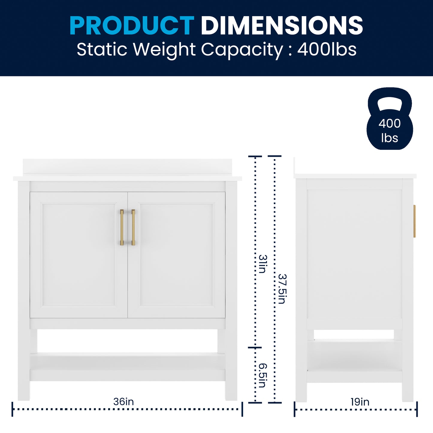 Vega 36" Bathroom Vanity with Sink, Storage Cabinet with Gold Hardware, Soft Close Doors & Open Shelf, Carrara Marble Finish Countertop, White/White