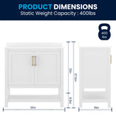 Vega 36" Bathroom Vanity with Sink, Storage Cabinet with Gold Hardware, Soft Close Doors & Open Shelf, Carrara Marble Finish Countertop, White/White