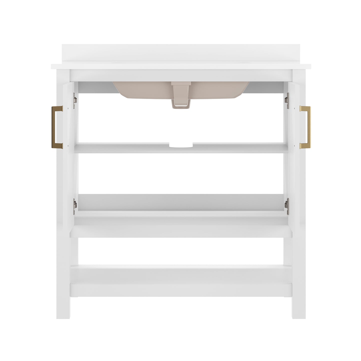 Vega 36" Bathroom Vanity with Sink, Storage Cabinet with Gold Hardware, Soft Close Doors & Open Shelf, Carrara Marble Finish Countertop, White/White