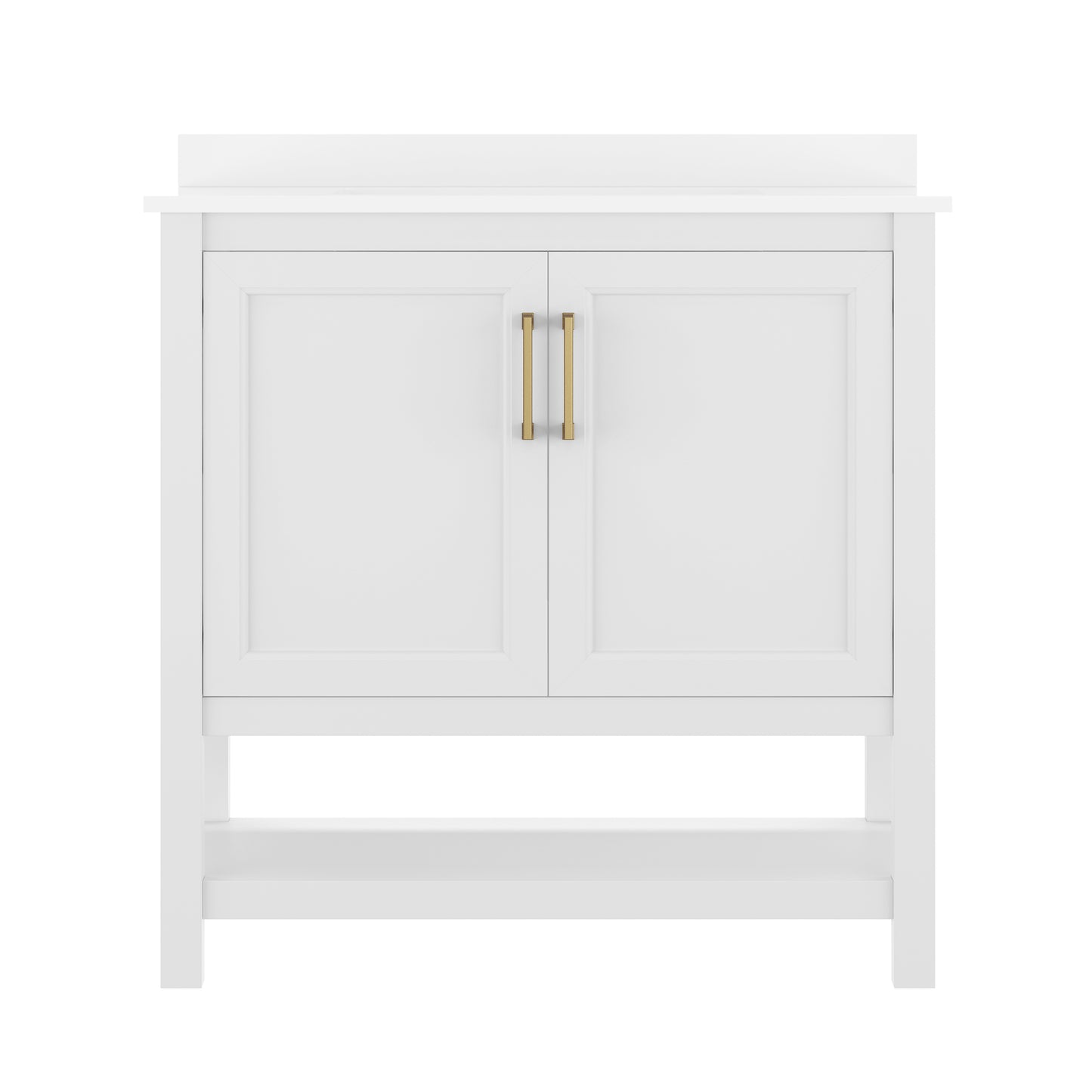 Vega 36" Bathroom Vanity with Sink, Storage Cabinet with Gold Hardware, Soft Close Doors & Open Shelf, Carrara Marble Finish Countertop, White/White