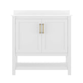Vega 36" Bathroom Vanity with Sink, Storage Cabinet with Gold Hardware, Soft Close Doors & Open Shelf, Carrara Marble Finish Countertop, White/White