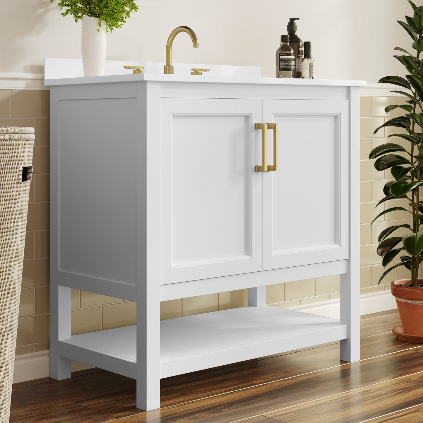 Vega 36" Bathroom Vanity with Sink, Storage Cabinet with Gold Hardware, Soft Close Doors & Open Shelf, Carrara Marble Finish Countertop, White/White